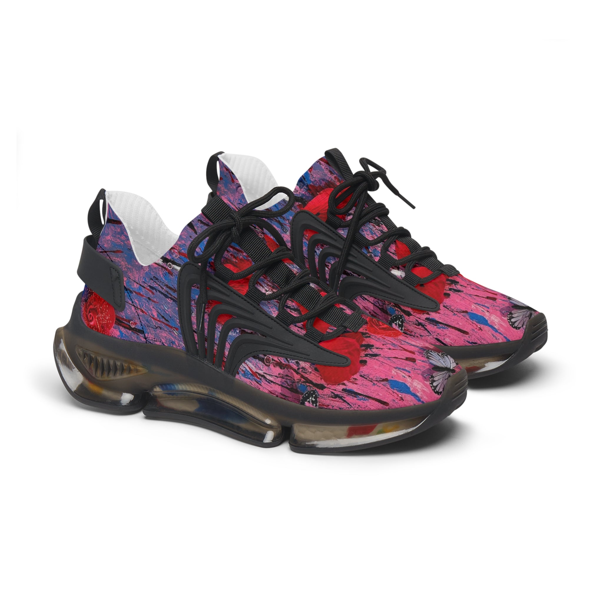 Pink Red Abstract Floral Poppy Print Women's Mesh Sneakers | Athletic Running Shoes