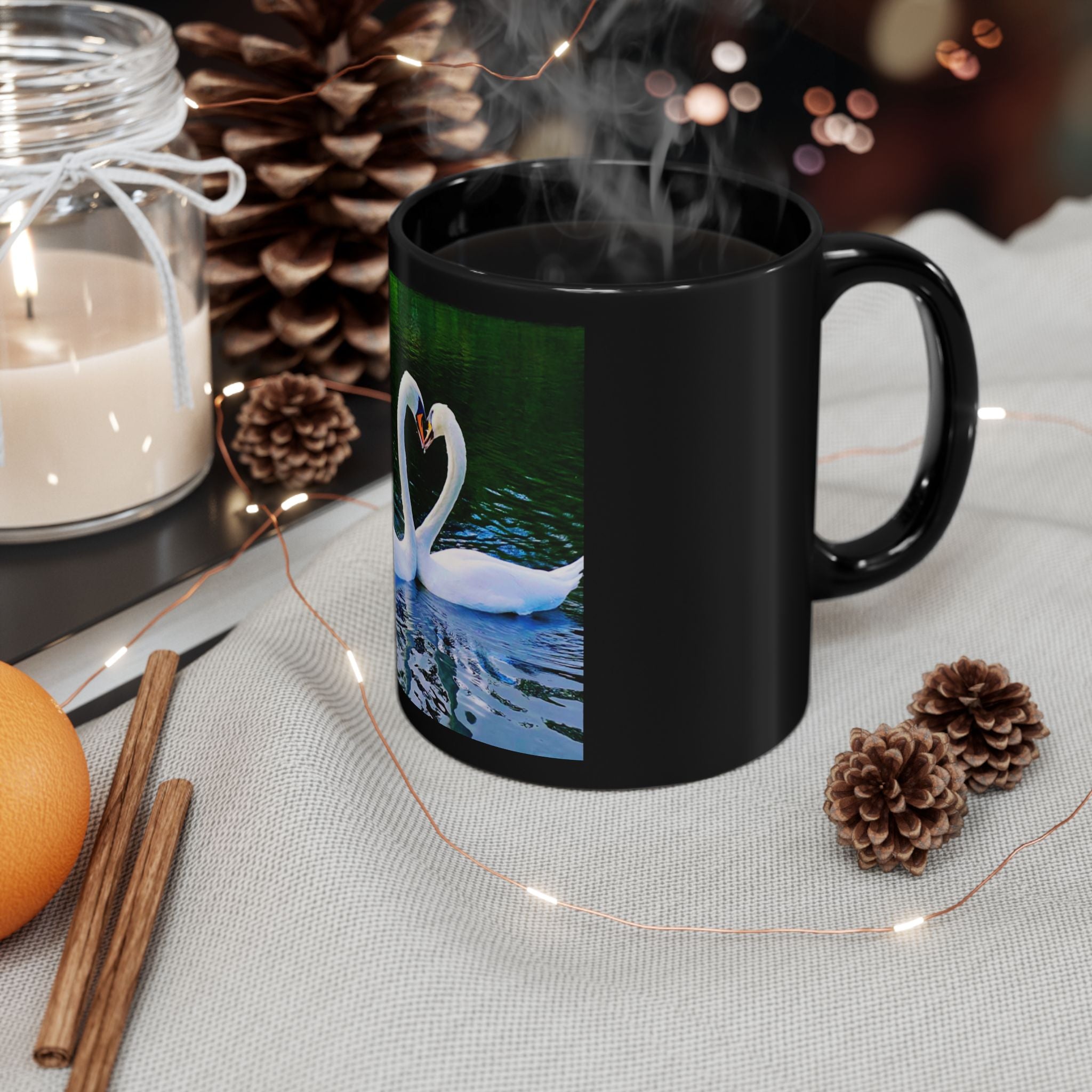 Swan Heart Black Mug | Romantic Valentines Gift, Love Bird Coffee Cup