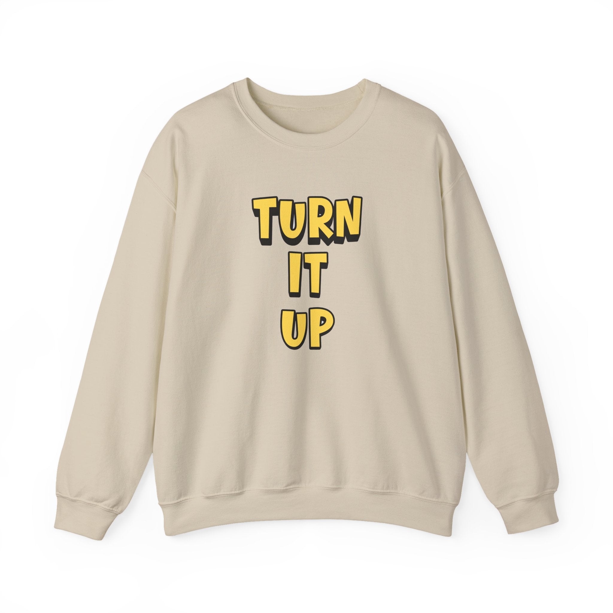 Turn It Up Sweatshirt | Rugby Crewneck Jumper, Yellow Block Text Graphic, UK Sports Fan