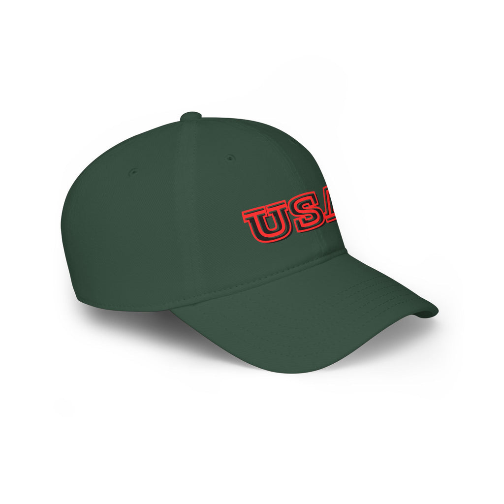USA outline logo Low Profile Cap | Patriotic American hat, red embroidered text