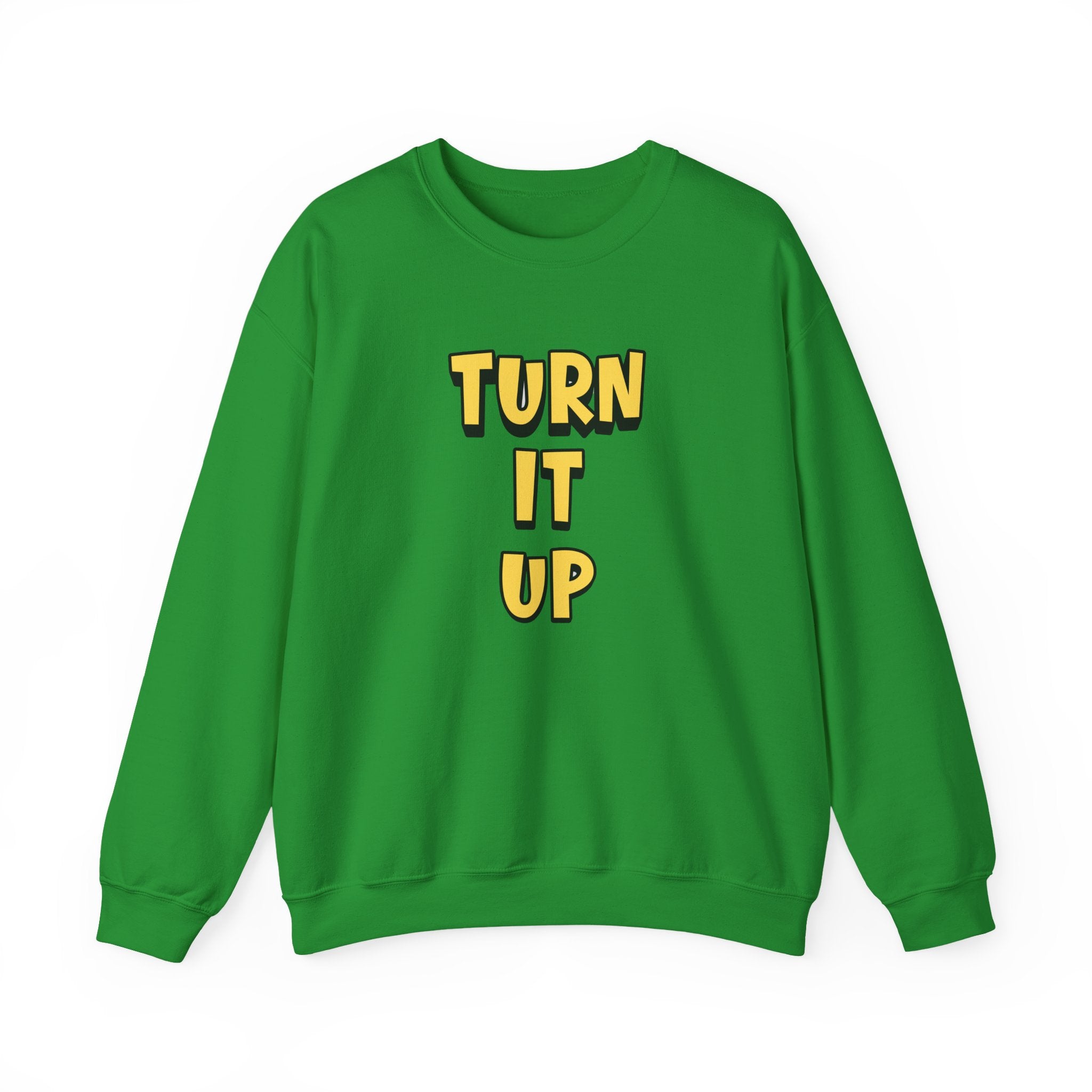 Turn It Up Sweatshirt | Rugby Crewneck Jumper, Yellow Block Text Graphic, UK Sports Fan