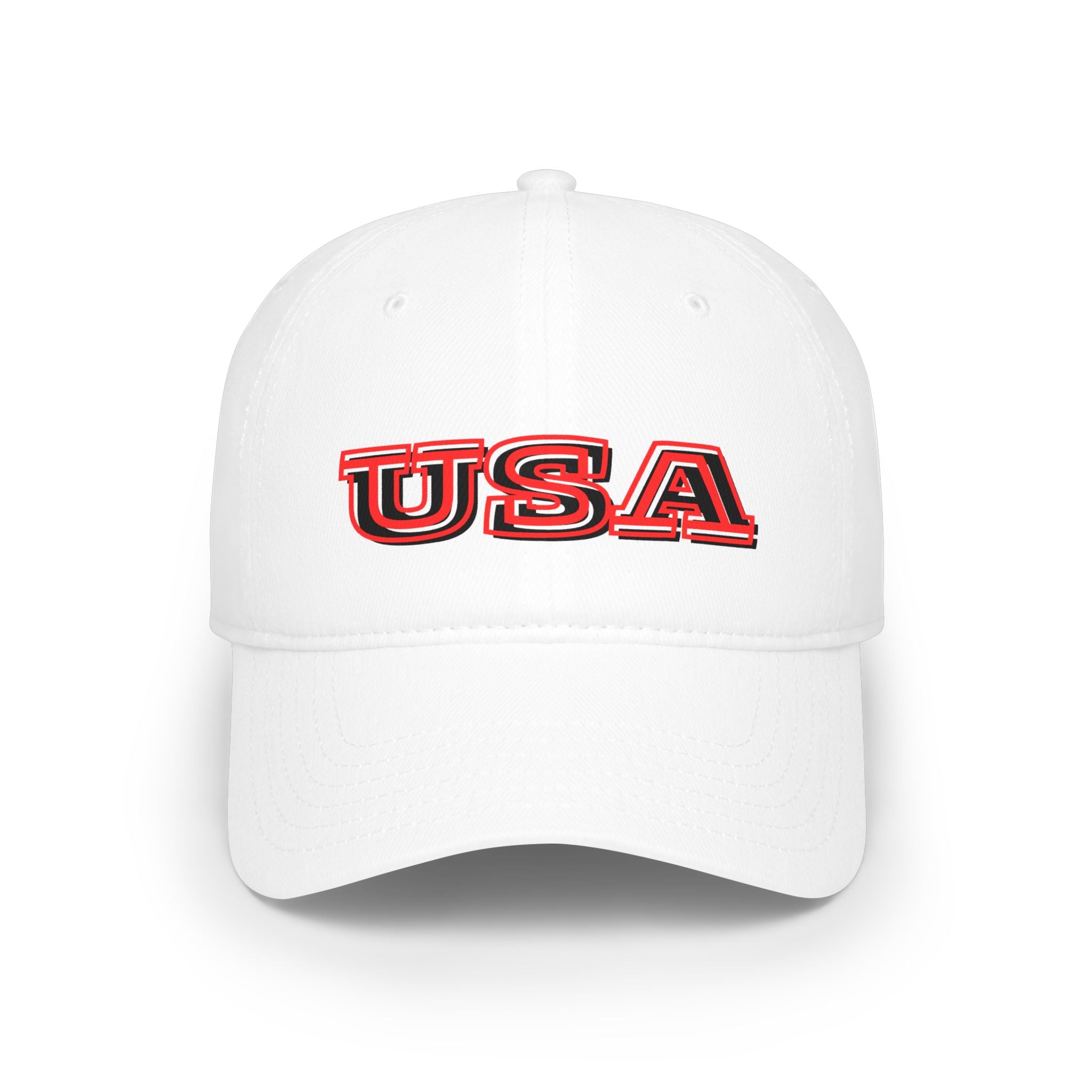 USA outline logo Low Profile Cap | Patriotic American hat, red embroidered text